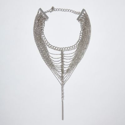 Silver tone layered chain drop necklace